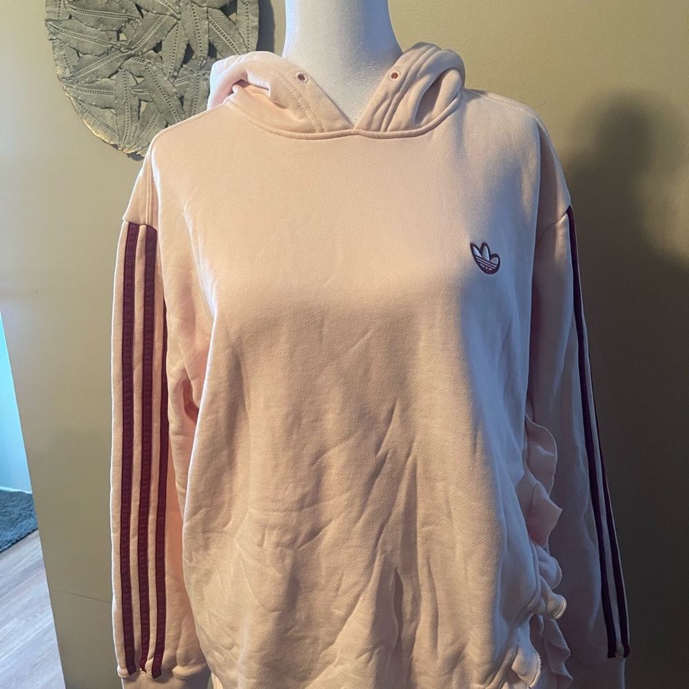 Adidas Women's Light Pink Hoodie with Stripes and Side Ruffle detail medium